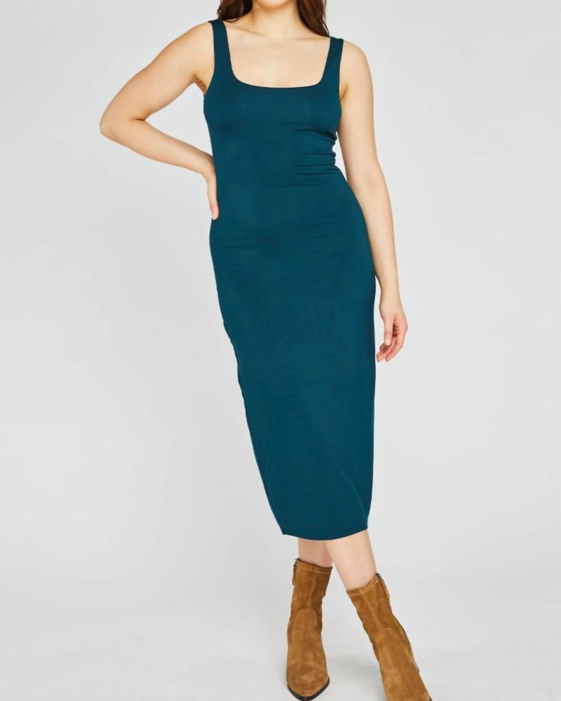 Front of a model wearing a size Large Chantelle Dress in Rainforest in Rainforest by Gentle Fawn. | dia_product_style_image_id:335965